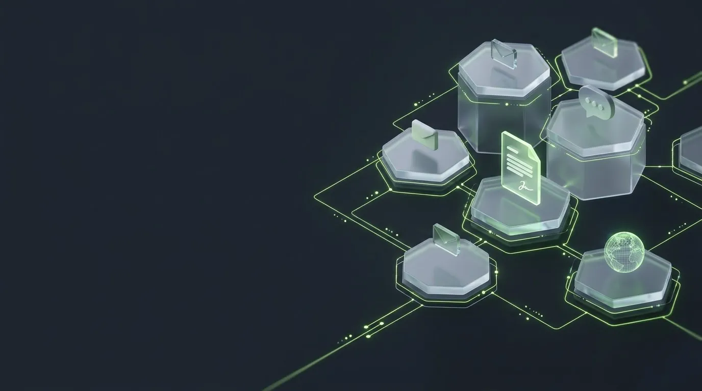 Red de módulos hexagonales conectados que representa la automatización de correos, firmas y chatbots
